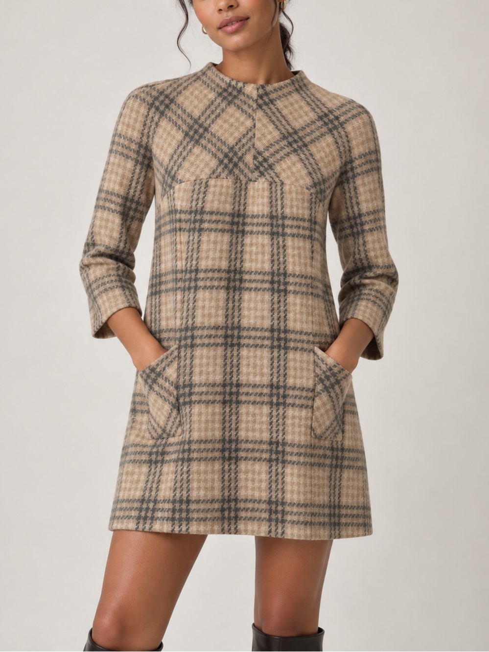 Vintage Plaid Mini Dress Fred Rothschild 1960s Shift Wool Beige Gray Size Small